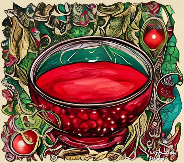 A red bowl with red liquid surrounded by leaves and red berries and fruit
